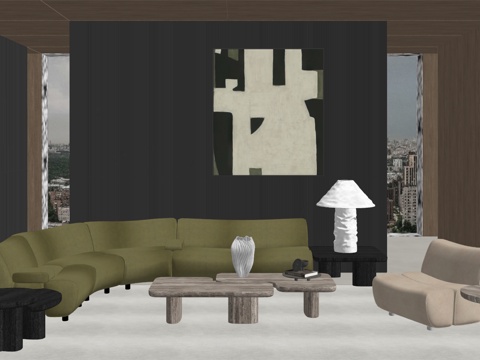 现代风格客厅 组合沙发 茶几 装饰画su模型