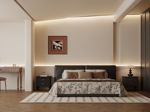 法式卧室 双人床 衣柜 书桌su模型