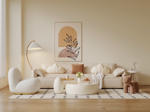 现代奶油风沙发茶几组合su模型