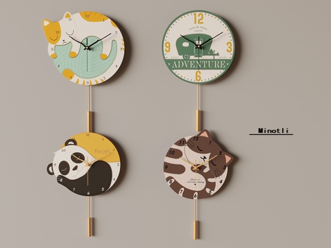 卡通钟表时钟挂钟 创意猫咪熊猫挂钟su模型