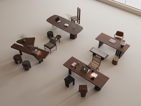 书桌椅组合 实木书桌 实木椅 办公用品 笔记本电脑 绿植su模型