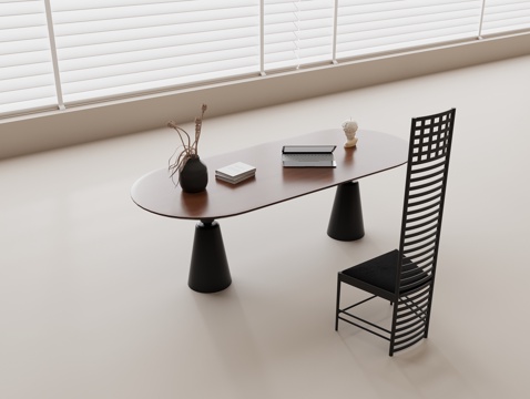 书桌椅组合 实木书桌 实木椅 办公用品 笔记本电脑 绿植su模型