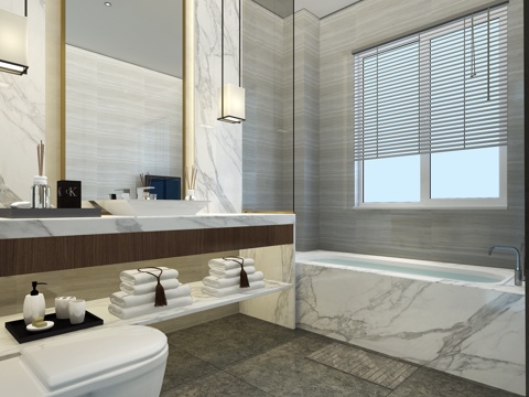  新中式卫生间样板间 浴缸 洗手台 毛巾 洗漱用品3d模型 