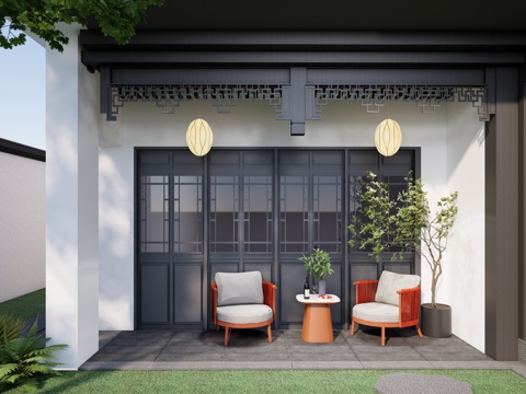 中式门廊庭院家具 单人靠背休闲椅 一桌两椅su模型