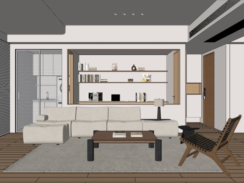 原木风格客厅 组合沙发 茶几 装饰画su模型