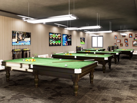 现代台球室 台球厅 包厢台球室 麻将室 球房 吊灯 台球桌su模型