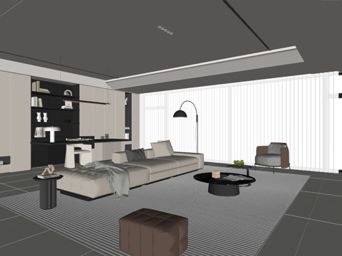 现代风格客厅 餐厅 组合沙发 茶几 装饰画 餐桌椅 餐边柜su模型