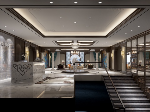  新中式大厅 水晶吊灯 新中式前台 新中式壁灯 摆件 休闲3d模型 