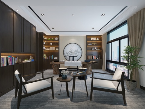  新中式董事长经理办公室3d模型 