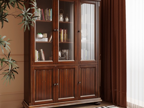 美式实木书柜 独立书柜 储物柜 装饰柜su模型