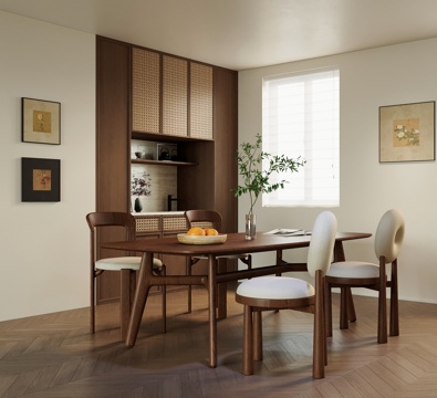 现代中古风餐厅 餐桌椅 餐边柜su模型