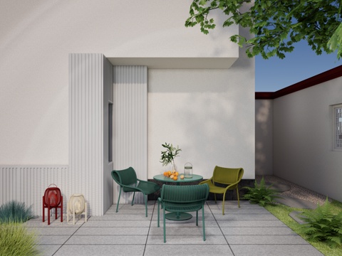 现代户外庭院餐桌椅 餐饮外摆家具 圆形一桌三椅su模型