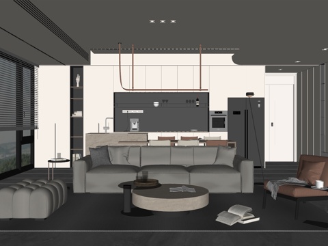 现代风格客厅 组合沙发 茶几 装饰画su模型