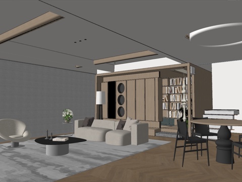 现代风格客厅 餐厅 组合沙发 茶几 装饰画 餐桌椅 餐边柜su模型