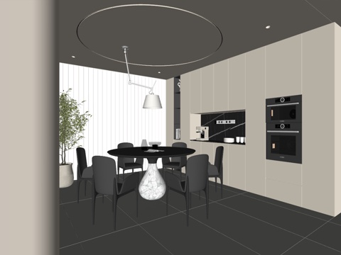 现代风格餐厅 餐桌椅组合 餐边柜 橱柜su模型