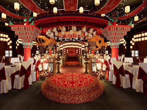 中式宴会厅 中式宴会厅 婚礼厅 婚宴 宴会厅su模型