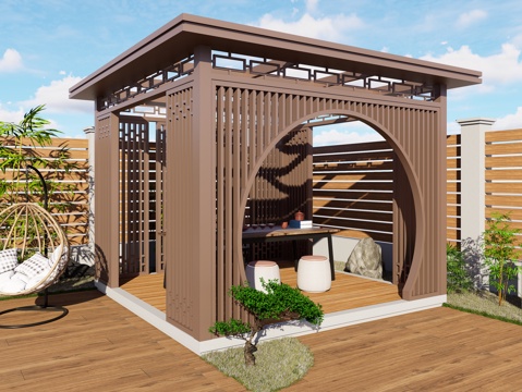 新中式凉亭 廊架 庭院凉亭 花园亭子 庭院 休闲亭子 铝艺亭su模型