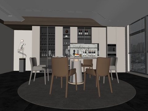 现代风格餐厅 餐桌椅组合 餐边柜 橱柜su模型