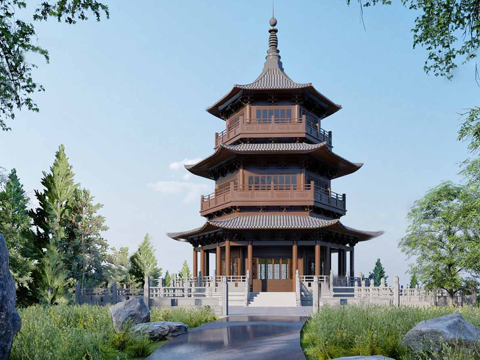 中式六角阁楼  中式古建su模型