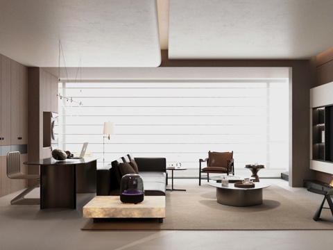  现代意式客厅 高级灰客厅 横厅客厅 轻奢意式客厅 沙发茶几3d模型 