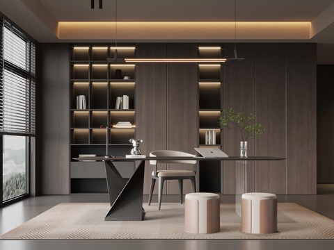 现代意式书房 书柜 书桌椅su模型
