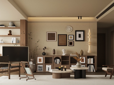 中古风家居客厅矮书柜 宋式美学客厅 客厅装饰柜 复古风客厅su模型