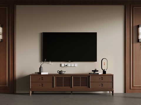 新中式电视柜 饰品摆件su模型