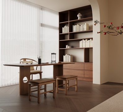 新中式书房 书桌椅 书柜su模型