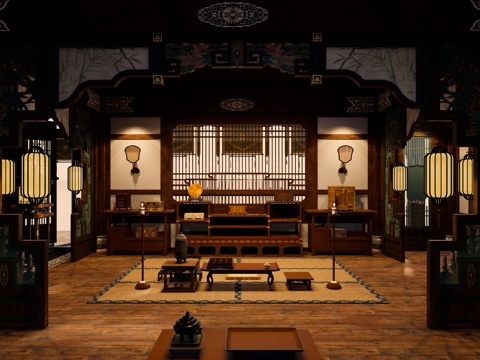 中式中古影视 影视场景 唐代王爷府大堂 中式古建筑 唐代古建su模型