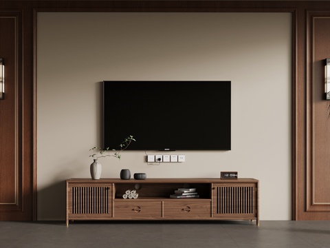 新中式电视柜 饰品摆件su模型