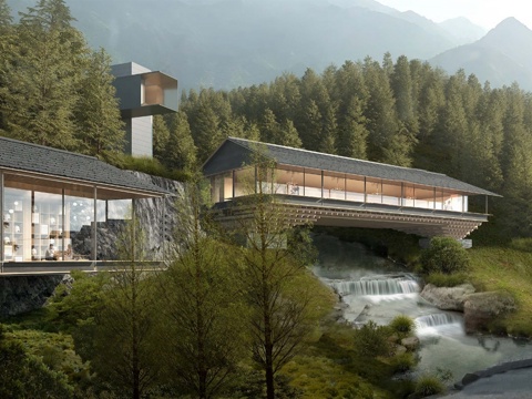 新中式山地度假酒店 野奢坡屋顶木屋 酒店建筑  酒店民宿su模型