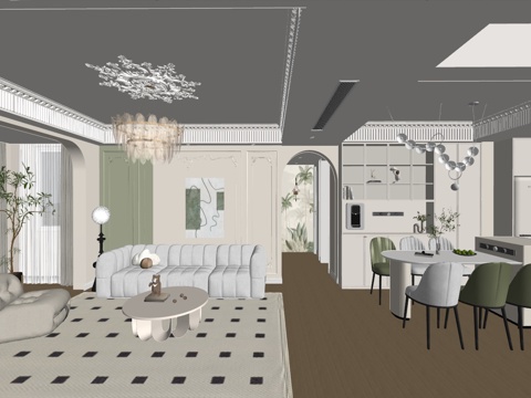 现代风格客厅 餐厅 组合沙发 茶几 装饰画 餐桌椅 餐边柜su模型