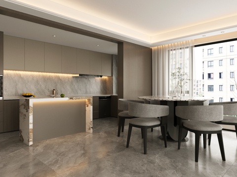  现代意式家居餐厅 轻奢意式餐厅 圆桌餐厅 岛台餐厅 餐厨一体3d模型 