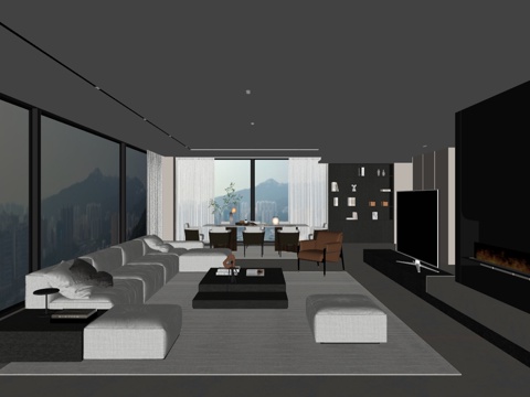 现代风格客厅 组合沙发 茶几 装饰画 客厅书房su模型