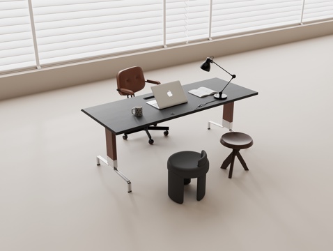 书桌椅组合 实木书桌 实木椅 办公用品 笔记本电脑 绿植su模型