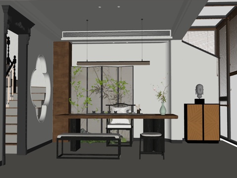 中式风格 书房 茶室 茶桌椅su模型