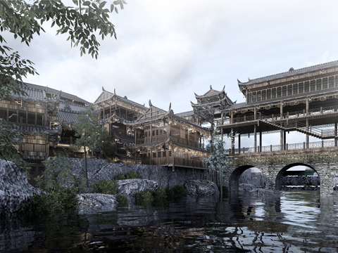 中式古建筑 商业小镇 商业街su模型