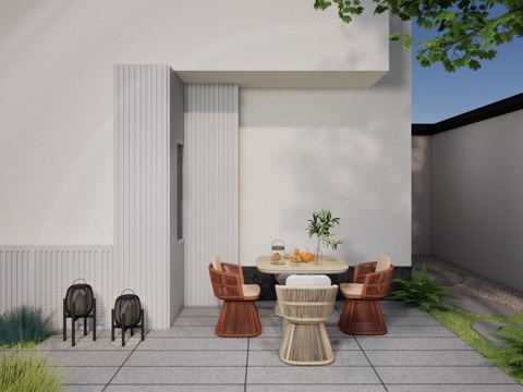 现代户外庭院餐桌椅 餐饮外摆家具 方形一桌四椅su模型