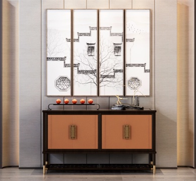  新中式边柜 玄关柜 装饰画 挂画 摆件3d模型 