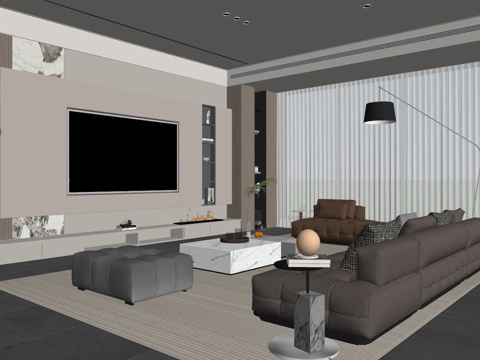 现代风格客厅 组合沙发 茶几 装饰画su模型