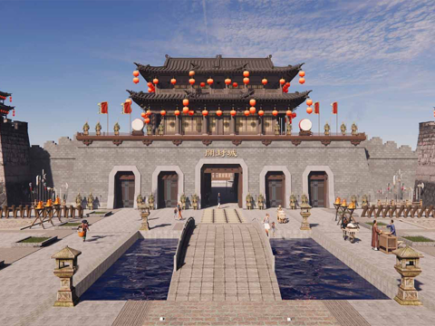 中式宋代古城城门 城楼广场  古城su模型