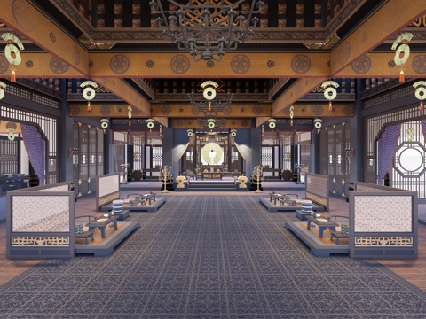 中式中国古风 影视场景 古代宴请宾客厅 古建筑 宴会厅 聚餐su模型