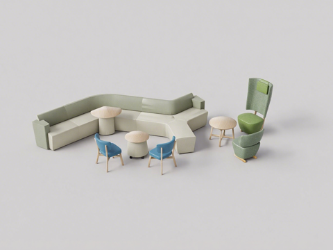 现代简约L型卡座沙发 氧绿模块化卡座 圆几洽谈区su模型