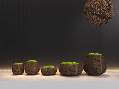 新中式苔藓盆景盆栽su模型