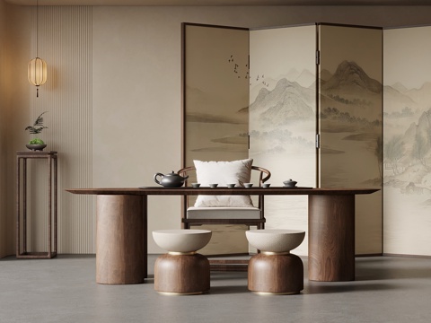 新中式茶桌椅 屏风su模型