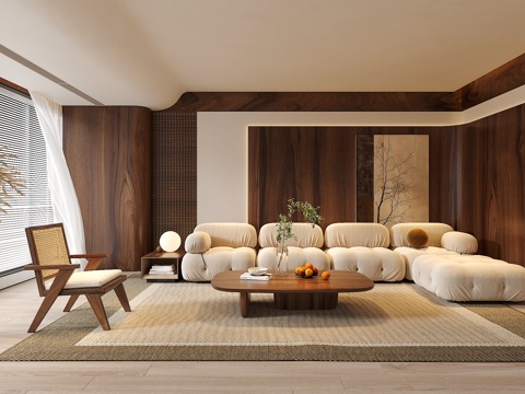 奶油中古风客厅 沙发茶几组合 绿植 饰品摆件 台灯 吊灯 背su模型