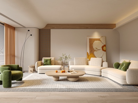 奶油中古风客厅 沙发茶几组合 绿植 饰品摆件 台灯 吊灯 背su模型