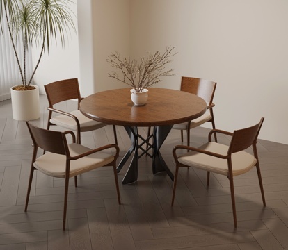 中古风餐桌椅 圆形餐桌su模型