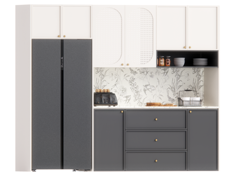 现代中古风餐边柜 冰箱柜su模型