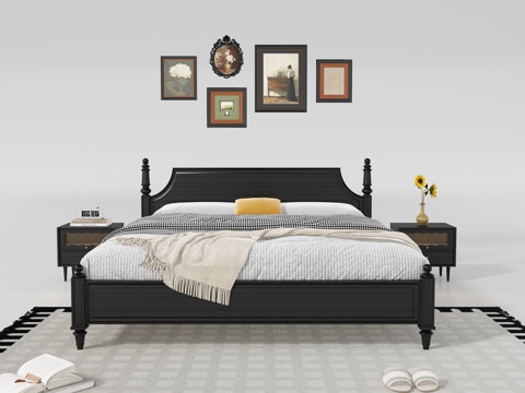  现代中古风双人床3d模型 